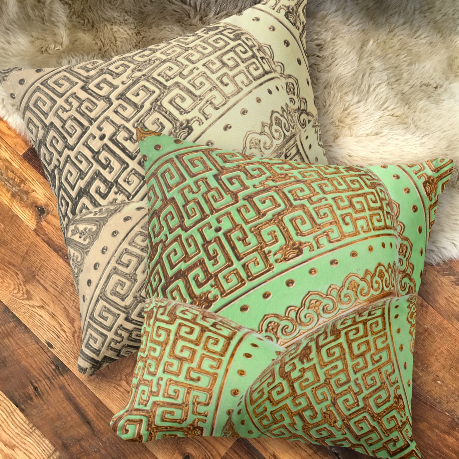 **ALT Text:**
Close-up of vintage double-sided throw pillows featuring mint and gold pillows with green mint and gold vintage patterns. The detailed designs highlight the elegant blend of refreshing mint and luxurious gold, adding sophistication to any decor.