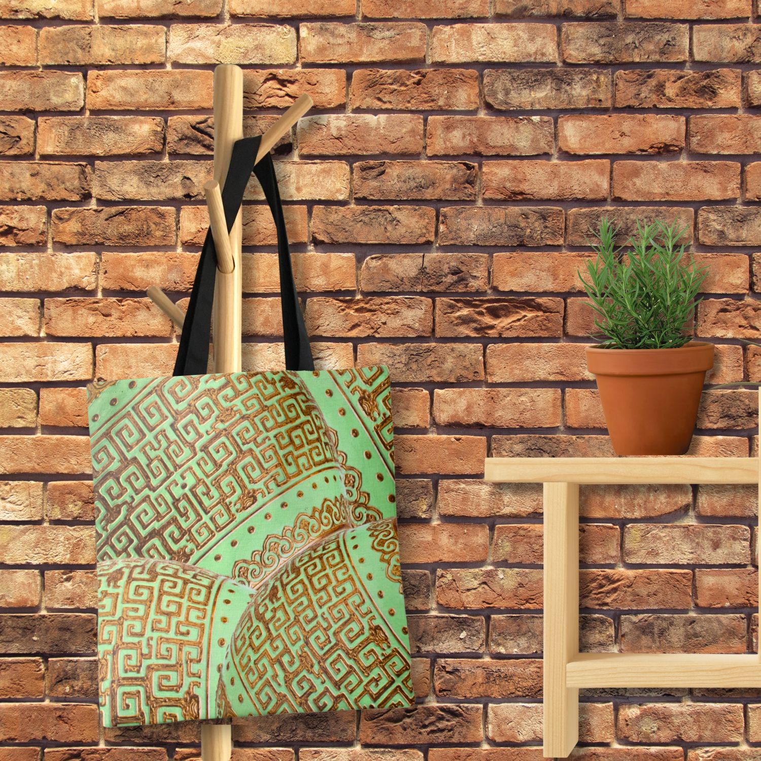 **ALT Text:**
A tote bag featuring intricate green mint and gold vintage patterns, adding a touch of elegance and sophistication to your everyday carry.