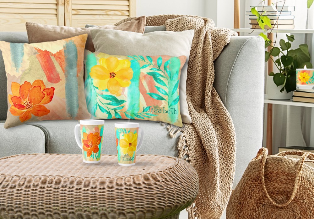 Mint Green and Orange Floral Mugs and Pillows