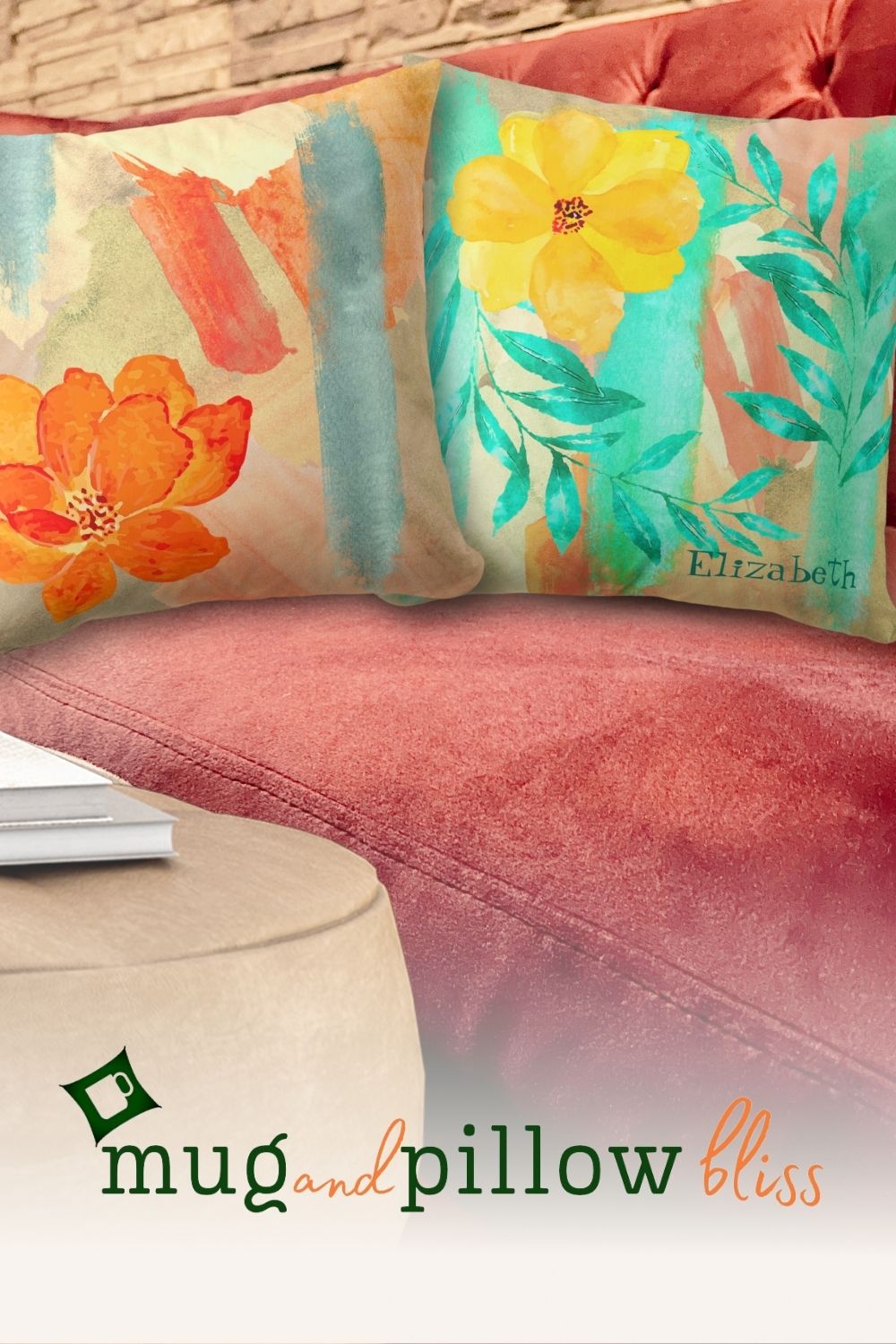 Vibrant accent pillow with a whimsical orange and yellow flowers collage, personalized with your name, against a lively watercolor background.