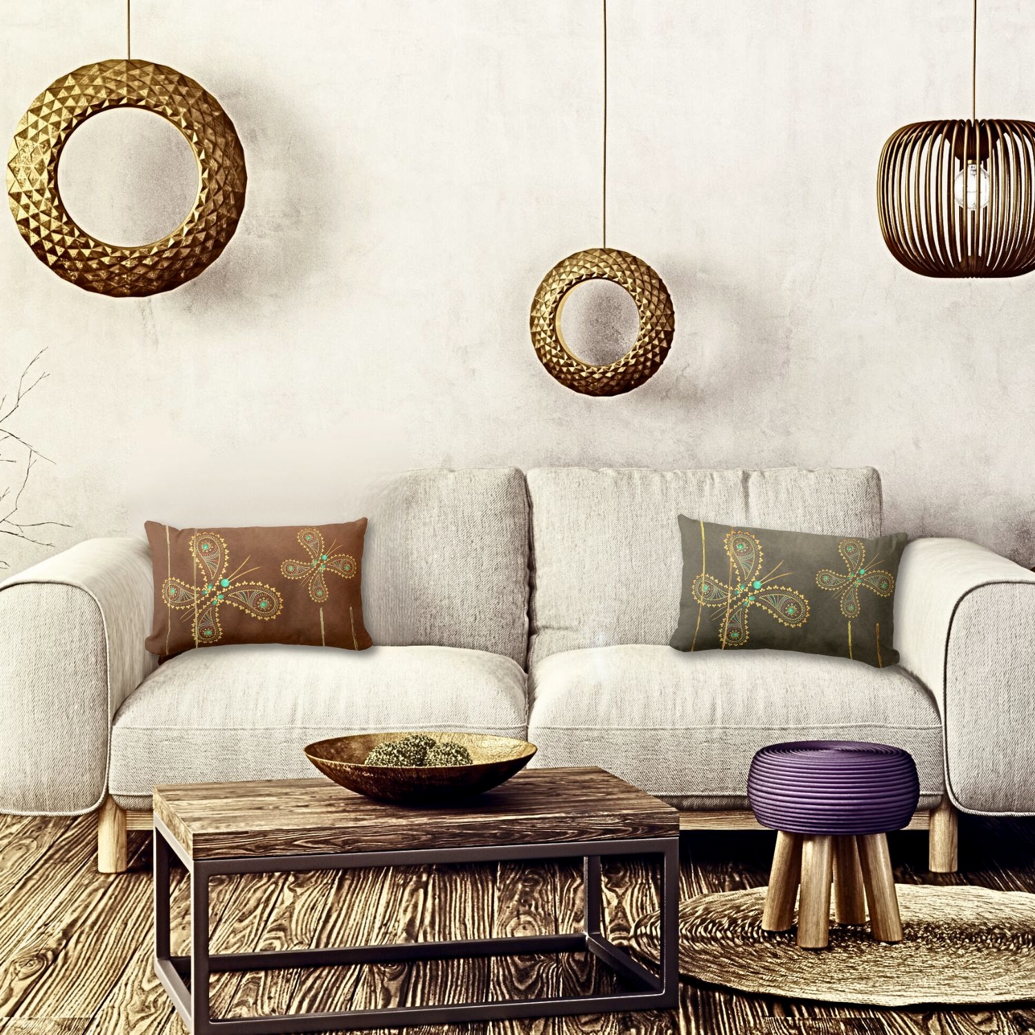 A cozy living room scene featuring two double-sided decorative throw pillows adorned with a teal and brown butterfly design, placed on a warm neutral tones sofa. The intricate butterfly motifs in turquoise and golden hues stand out against the rich brown and gray colors of each side of the pillows, adding a touch of whimsy and sophistication to the cozy ambiance of the space.