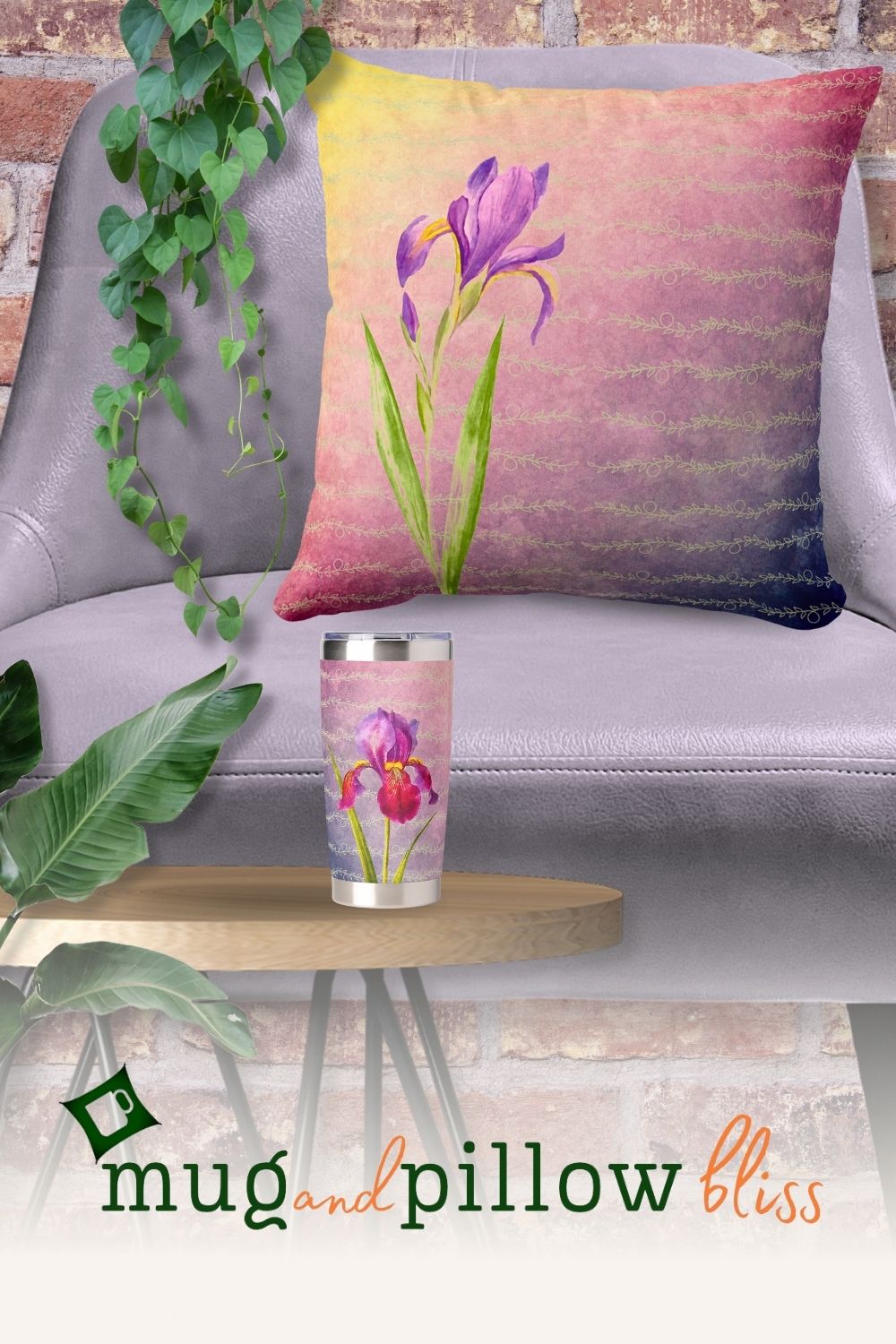 Snug room decoration with thermal tumbler and pillow in purple colors with flower designs. Coordinating designs.