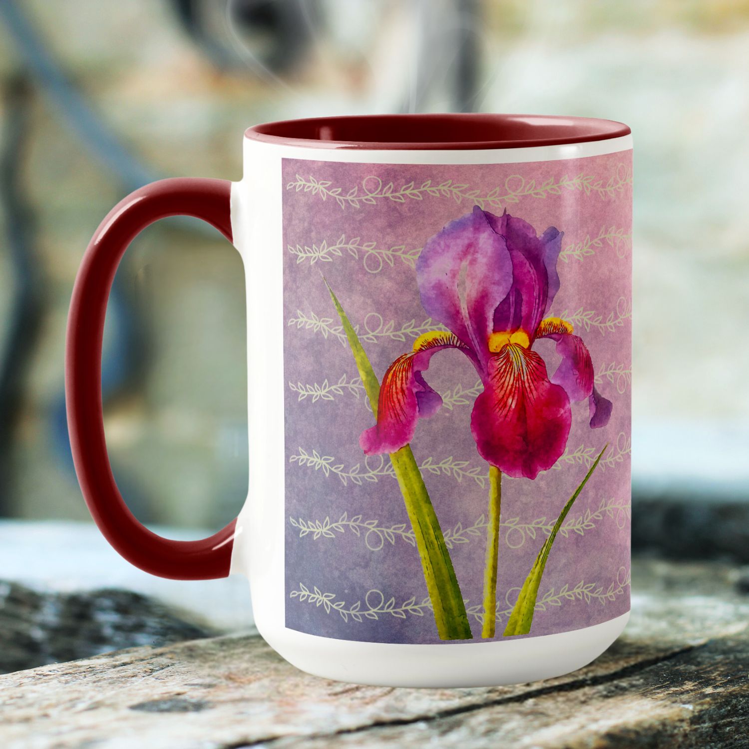 A mug featuring a detailed illustration of iris flowers in various shades of violet. The delicate petals of the irises are depicted with intricate lines and gradients, creating a realistic and vibrant design. The background of the mug complements the floral artwork with a subtle, matching violet hue, enhancing the overall aesthetic.