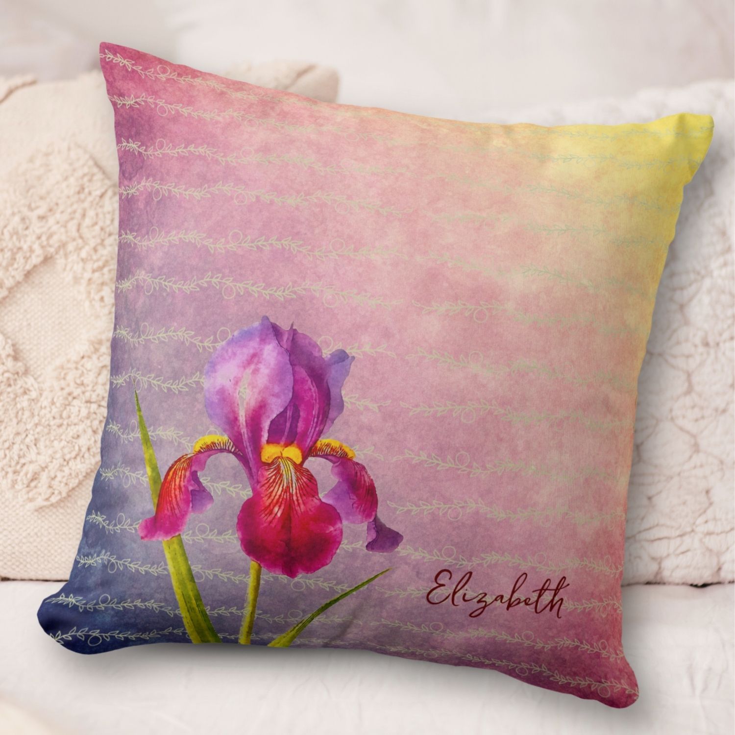 ALT text: A vintage throw pillow featuring a detailed illustration of iris flowers on a washed-out violet background. The flowers are depicted in a classic, elegant style with intricate lines and soft, muted colors, enhancing the antique look. The washed-out violet background adds a subtle, aged charm, making this throw pillow a perfect decorative piece for adding a touch of vintage elegance to any room.