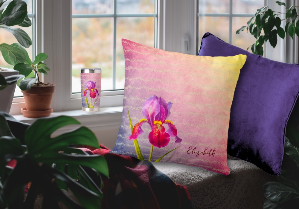 A cozy snug room featuring a soft violet flower pillow, a dark violet pillow and a coffee latte mug, creating a warm and inviting atmosphere.
