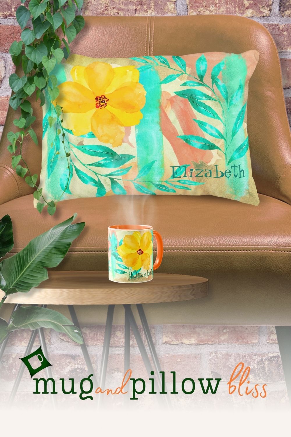 Fun collage pillow and mug showcasing bright yellow and orange flowers with watercolor elements in turquoise, peach, and beige.