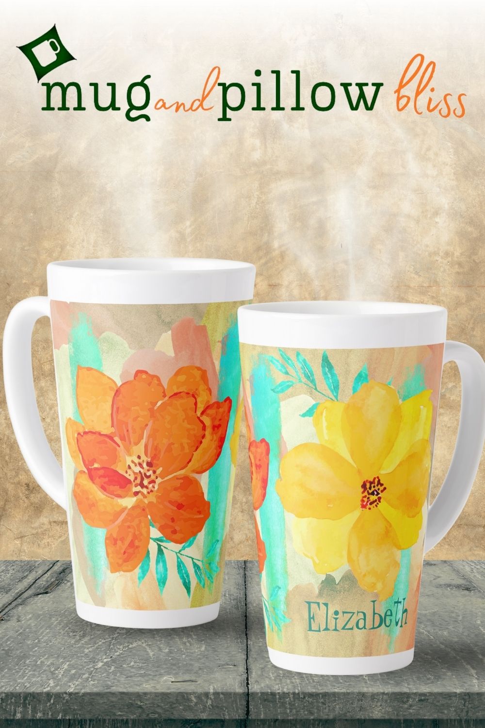 Whimsical latte mug design featuring bright orange and yellow flowers in a playful collage with turquoise, peach, and beige accents.