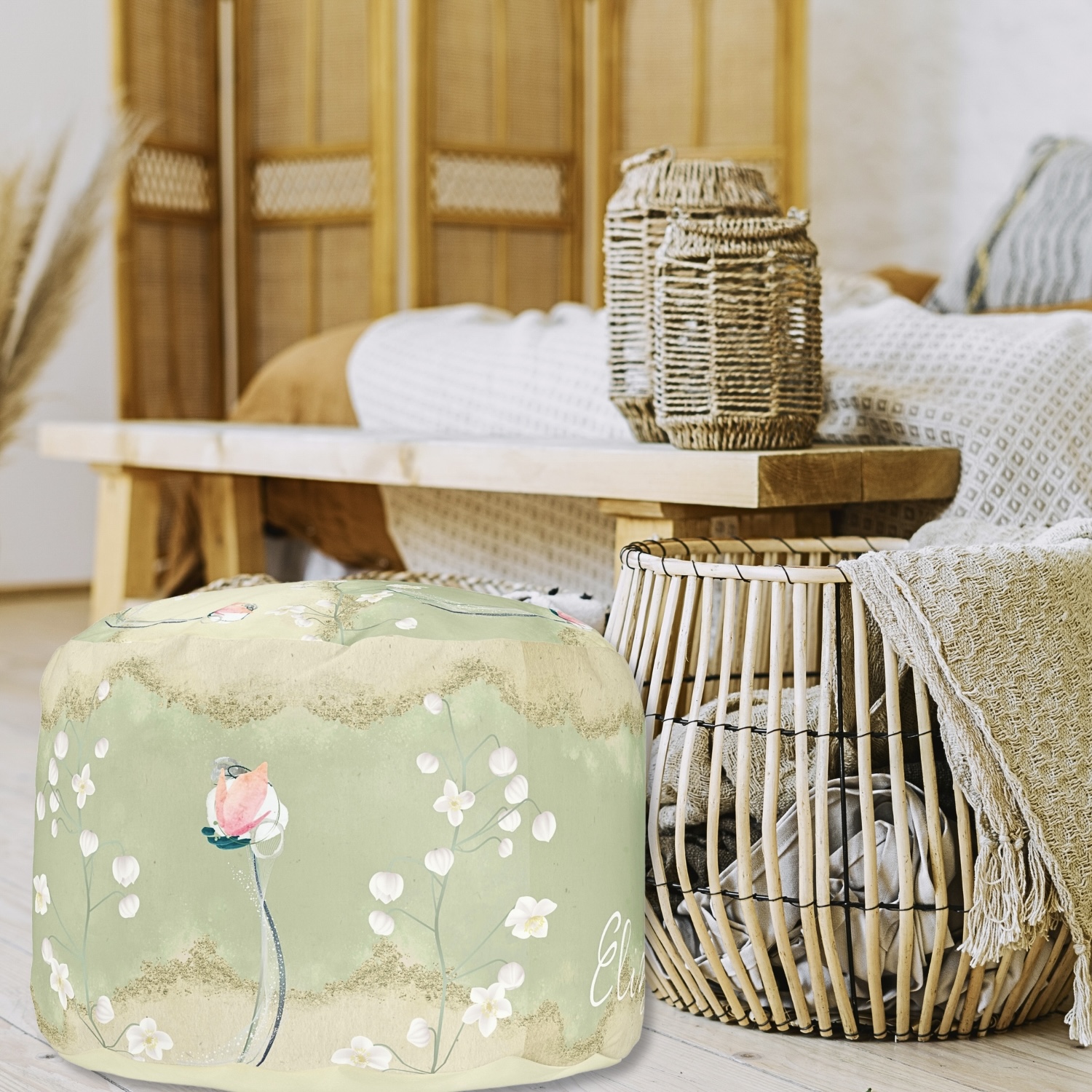 Custom moss green personalized pouf featuring a soothing moss green color with a personalized touch. The pouf offers a comfortable and stylish seating option, perfect for adding a personalized accent to any space.