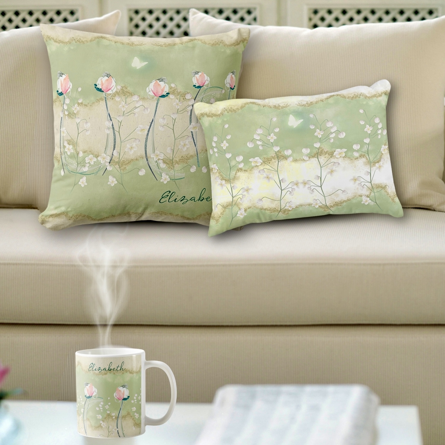 For a she shed with throw pillows and mugs that feature a bohemian design. The throw pillows are adorned with moss green backgrounds and delicate white pastel flowers, while the mugs have matching floral patterns. This combination creates a cohesive boho-inspired look, adding a cozy and personalized touch to the she shed.