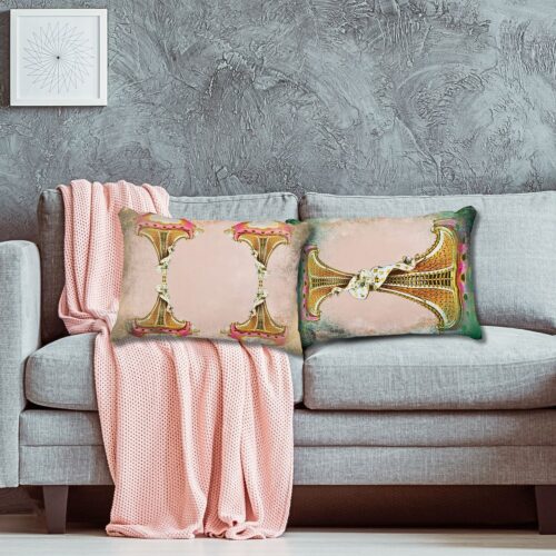 Vintage Blush Pink Collage Accent Pillow from public domain art, featuring cinnamon rusty edges on one side and green rusty tones on the other.