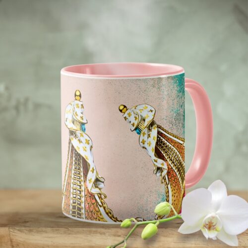 Blush pink vintage mug featuring public domain art.