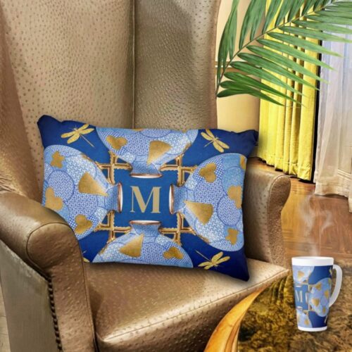 Antique blue and gold accent pillow featuring a design inspired by a public domain masterpiece.