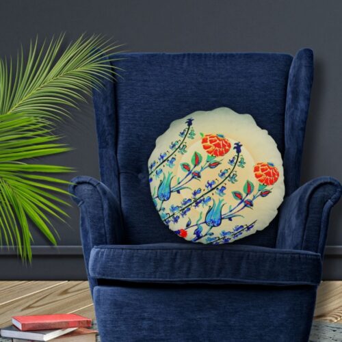 Vintage Flowers Carnation Tulips Monogrammed Round Accent Pillow featuring a green, blue, and red floral design reminiscent of Ottoman Dynasty art.