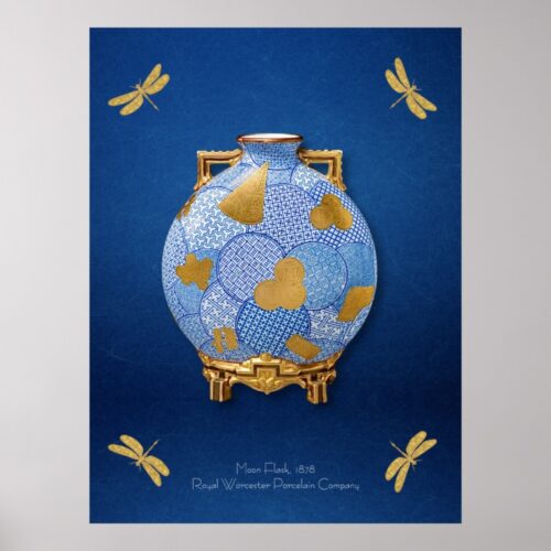 Golden Blue Elegant Vintage Japanese Vase Poster. A downloadable poster featuring a Japanese-style blue and gold vase design, inspired by a 1878 moon flask from the Worcester factory. The poster highlights an elegant moon flask at the center, adorned with four dragonflies in each corner that add a touch of vitality and grace. This exquisite design celebrates Japanese artistry and the timeless allure of the Orient, offering a sophisticated addition to your home decor.