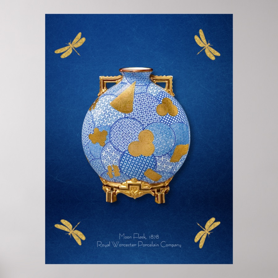 Golden Blue Elegant Vintage Japanese Vase Poster. A downloadable poster featuring a Japanese-style blue and gold vase design, inspired by a 1878 moon flask from the Worcester factory. The poster highlights an elegant moon flask at the center, adorned with four dragonflies in each corner that add a touch of vitality and grace. This exquisite design celebrates Japanese artistry and the timeless allure of the Orient, offering a sophisticated addition to your home decor. Instant downloads from public domain masterpieces.