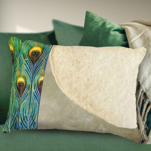 Peacock Feathers Vase Masterpiece Accent Pillow, inspired by a public domain artwork by Japanese artist Kawade Shibataro, featuring a vase adorned with peacock feathers.