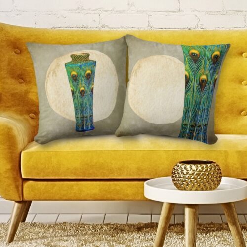 Peacock Feathers Vase Masterpiece Throw Pillow, inspired by a public domain artwork by Japanese artist Kawade Shibataro, featuring a vase adorned with peacock feathers.