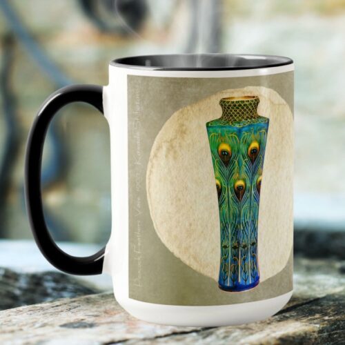 Mug featuring a vintage design inspired by Kawade Shibataro's 1900 masterpiece, "Peacock Feathers Vase." The artwork showcases a stunning vase adorned with peacock feathers, symbolizing human creativity and strength. The mug offers personalization options, including adding your name, changing the background, and customizing the message. Experience the joy and connection that art brings with this unique and elegant piece.