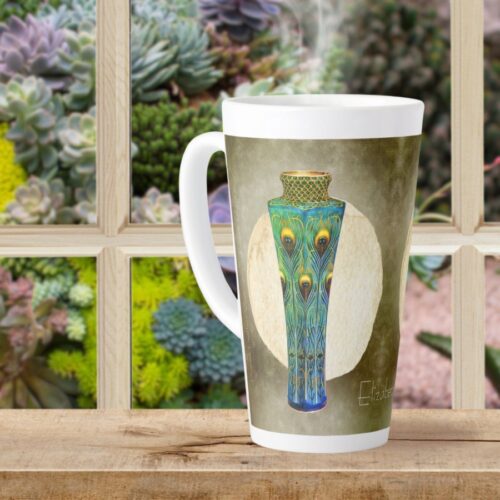 Latte mug featuring a vintage design inspired by Kawade Shibataro's 1900 masterpiece, "Peacock Feathers Vase." The artwork showcases a stunning vase adorned with peacock feathers, symbolizing human creativity and strength. The mug offers personalization options, including adding your name, changing the background, and customizing the message. Experience the joy and connection that art brings with this unique and timeless piece.