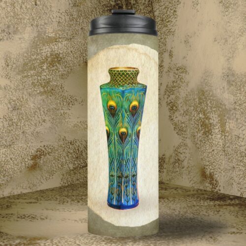 Peacock Feathers Masterpiece From 1900 thermal tumbler featuring a design inspired by Kawade Shibataro’s iconic vase adorned with intricate peacock feathers. This vintage artwork symbolizes human creativity and strength. The tumbler offers personalization options for adding your name, changing the background, and customizing the message. Enjoy the elegance and inspiration of this 1900 masterpiece with this stylish and meaningful thermal tumbler.