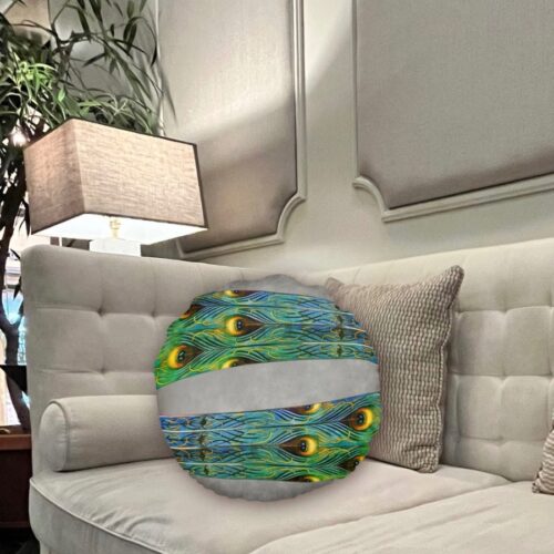 Peacock Feathers Vase Masterpiece Round Pillow, inspired by a public domain artwork by Japanese artist Kawade Shibataro, featuring a vase adorned with peacock feathers.