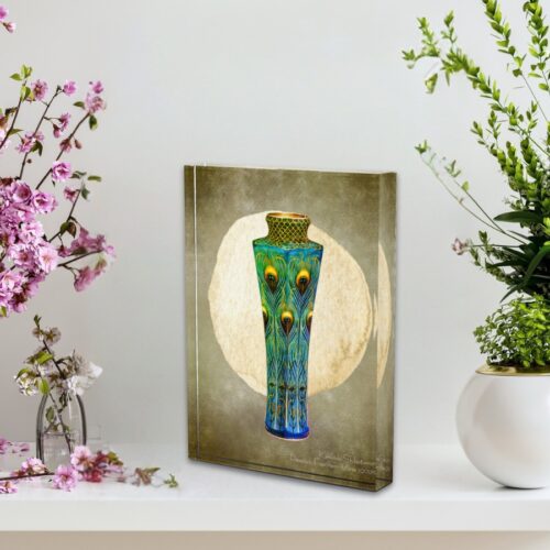 An acrylic block displaying a detailed public domain vase filled with lush peacock feathers against a neutral background. The vivid green and blue feathers fan out gracefully, inspired by Japanese artist Kawade Shibataro. The clear, polished edges enhance the depth and brilliance of the image, adding elegance and inspiration to any space.