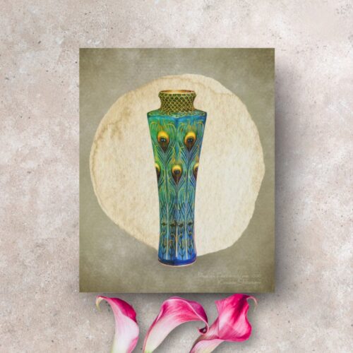 Faux canvas print featuring a vase filled with vibrant peacock feathers. The detailed vase stands out against a subtle background, with feathers in shades of green and blue fanning out gracefully. Inspired by Japanese artist Kawade Shibataro, this public domain artwork captures beauty, creativity, and tranquility. The textured finish of the faux canvas enhances the depth and richness of the image.