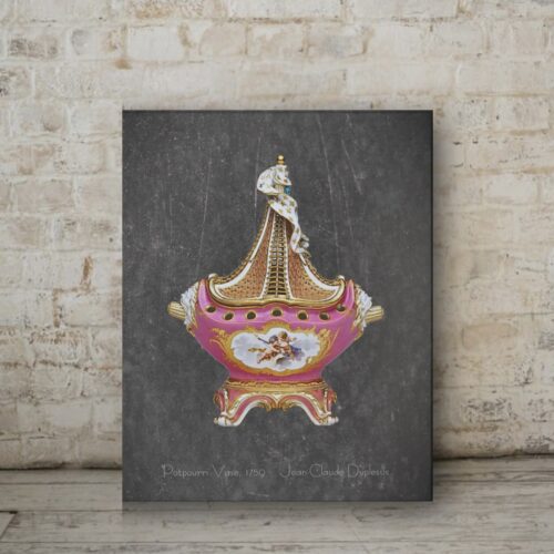 Public domain art canvas print of the blush pink potpourri vase from the late 1750s Sèvres collection, featuring a ship-shaped vase with a dark gray background and classic canvas texture.