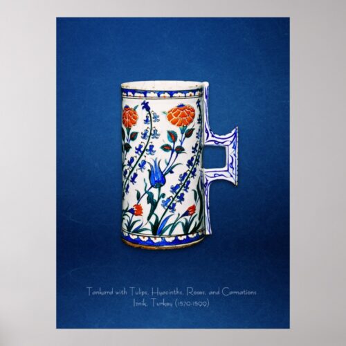 Vintage Floral Tankard 16th Century Artwork Poster. A poster you can download, showcasing a 16th-century tankard with mesmerizing green, blue, and red floral patterns. This design infuses your space with vintage charm, boho elegance, and a soulful expression of ancient artistry. The artwork blends romanticism, nostalgia, and bohemian flair, enveloping your space with the allure of ancient rituals and the inspiring beauty of natural life.