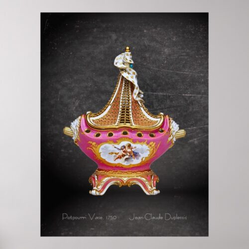 Vintage Blush Pink Potpourri Vase Poster. Poster to download featuring the elegant Potpourri Vase (pot-pourri à vaisseau) from the late 1750s Sèvres collection, created by Jean-Claude Duplessis. This masterpiece showcases an intricate and ambitious design, including the iconic ship-shaped potpourri vase. The vase is adorned in a vintage blush pink, exuding historical charm and sophistication.