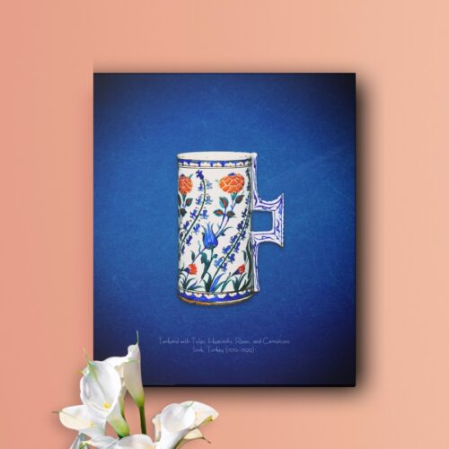 Canvas print featuring a 16th-century Iznik floral tankard, a public domain masterpiece adorned with hyacinths, carnations, blue tulips, and red roses. The design showcases dynamic floral patterns influenced by Chinese blue-and-white porcelain, evolving into a unique style by the 1550s. The tankard, likely used as a vase for flowers, highlights the natural beauty and elegance of Ottoman art. The canvas texture adds a timeless, refined touch to the vibrant colors and intricate details.