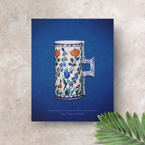 Faux canvas print featuring a 16th-century Iznik floral tankard, a public domain masterpiece adorned with hyacinths, carnations, blue tulips, and red roses. The design showcases dynamic floral patterns influenced by Chinese blue-and-white porcelain, evolving into a unique style by the 1550s. The tankard, likely used as a vase for flowers, highlights the natural beauty and elegance of Ottoman art. The faux canvas texture adds a classic, sophisticated touch to the vibrant colors and intricate details.