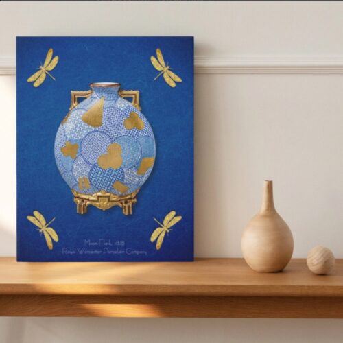 Faux wrapped canvas print featuring a Japanese-style design with a central moon flask and four dragonflies. The blue and gold artwork, inspired by a 1878 Worcester moon flask, reflects Japanese artistry and Oriental charm. The faux wrapped canvas adds a classic, sophisticated touch to the vibrant colors and intricate details.