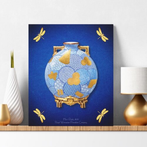 Wrapped canvas print featuring a Japanese-style design with a central moon flask and four dragonflies. The blue and gold artwork, inspired by a 1878 Worcester moon flask, reflects Japanese artistry and Oriental charm. The wrapped canvas adds a classic, sophisticated touch to the vibrant colors and intricate details. Prints for public domain masterpieces.